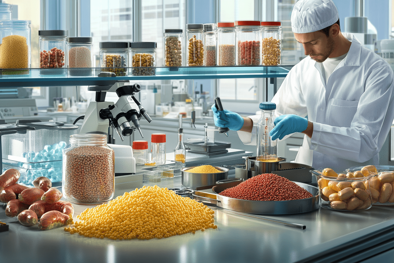 cientifico en laboratorio de control de calidad analizando materias primas e ingredientes alimenticios